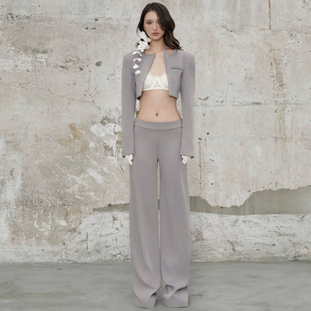 Forever 21 Fall Grey Long-Sleeve Crop Top Straight-Leg Pants Set